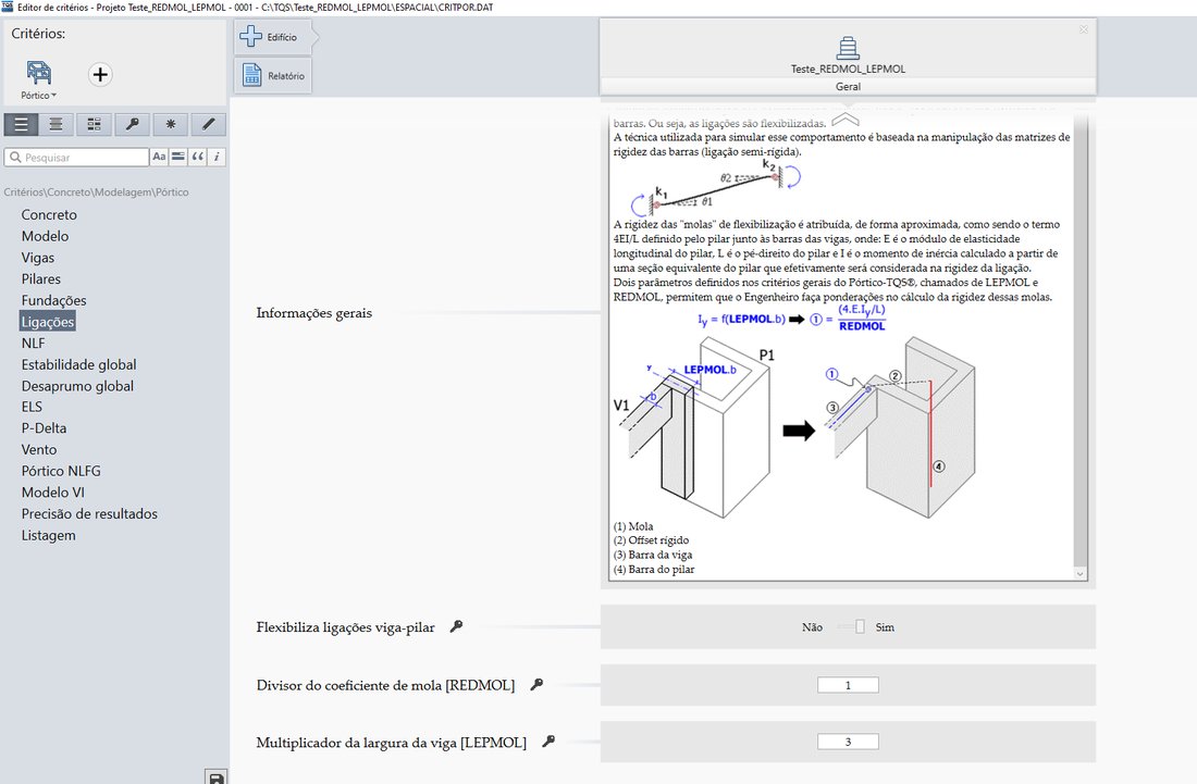 Tela do Editor de Critérios do CAD/TQS mostrando a formulação da mola de flexibilização das ligações viga-pilar, com os parâmetros LEPMOL e REDMOL
