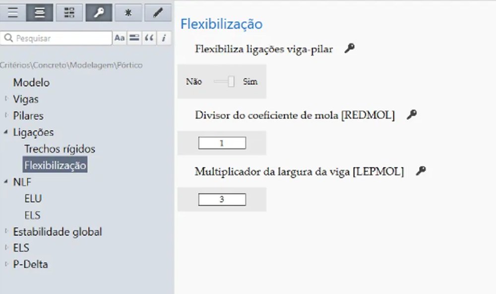 Tela de critérios do CAD/TQS V26 mostrando flexibilização ligada por padrão, REDMOL igual a 1 e LEPMOL igual a 3